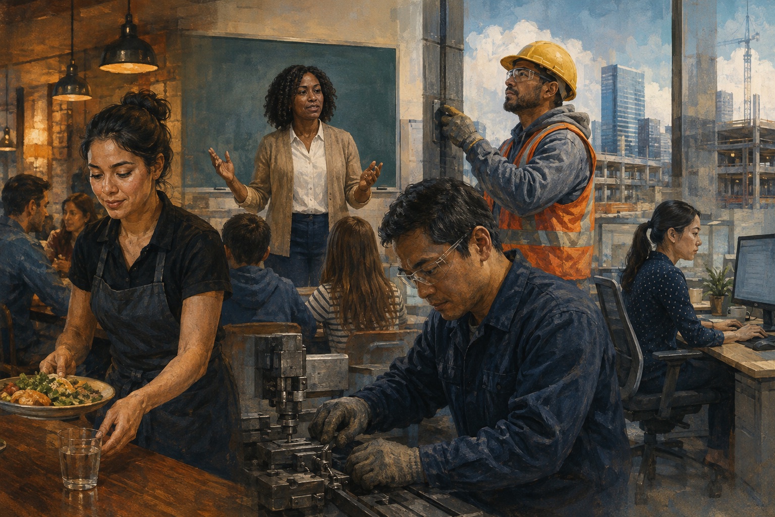 Editorial illustration showing restaurant, education, construction, manufacturing and information-sector workers