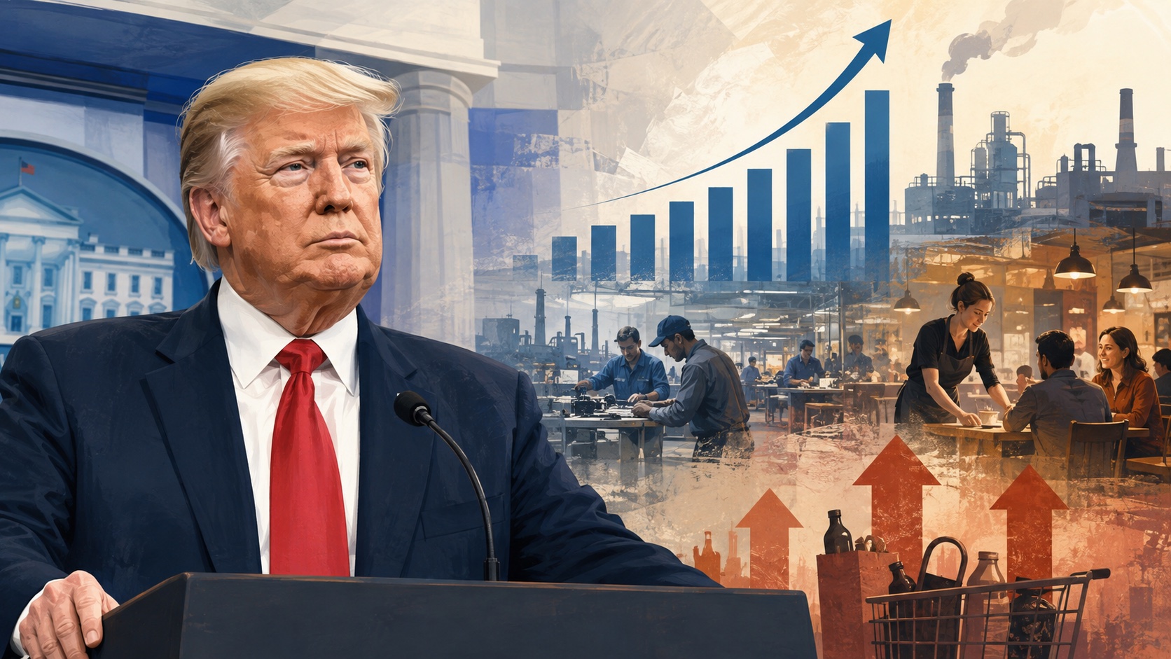 Editorial illustration of President Donald Trump with U.S. jobs, manufacturing and consumer-price imagery
